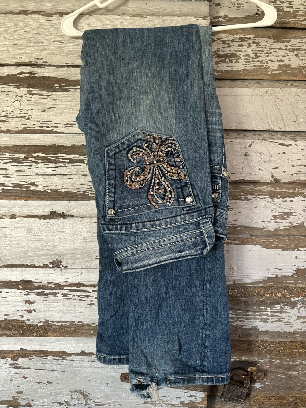 Miss Me Blue Boot Cut Jeans with Studded Fleur-de-Lis Pocket